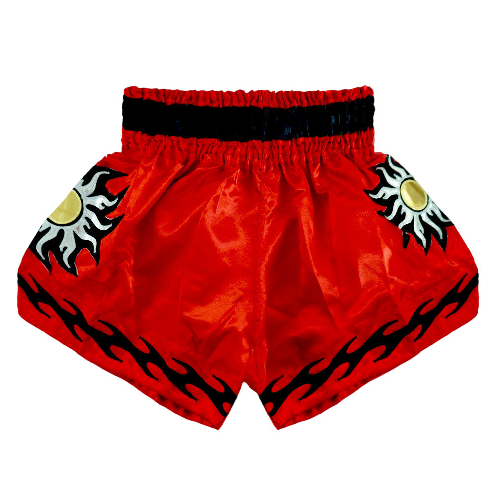Red Boon Muay Thai shorts with black waistband, flame and sun designs, Muay Thailand gear