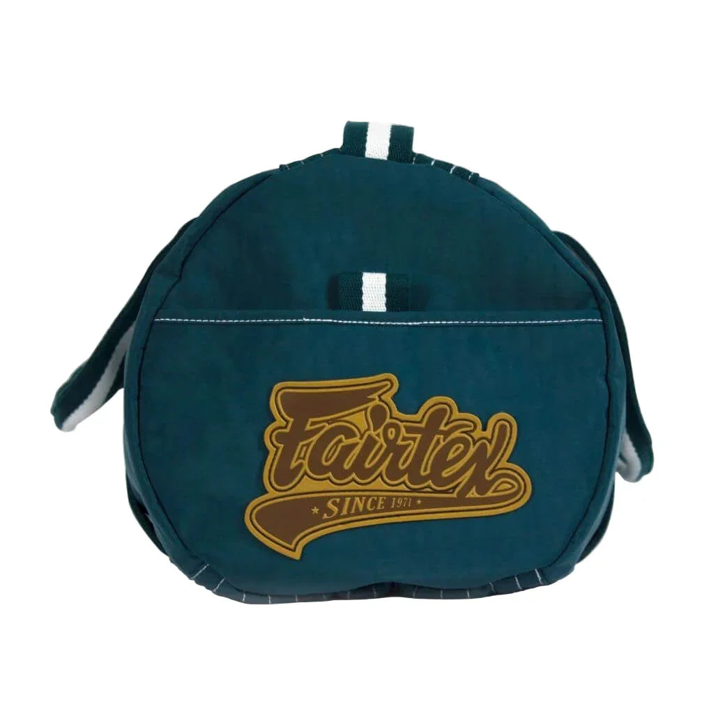 Fairtex barrel bag BAG9 in dark green with logo, Muay Thai gym duffel sports bag