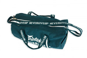 Fairtex barrel gym bag with NEVERGIVEUP strap, teal, Muay Thai training gear