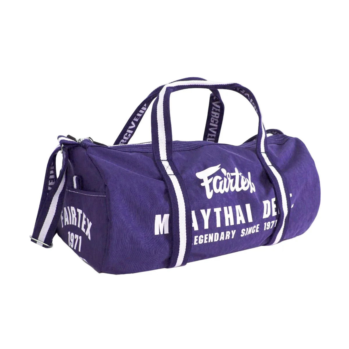 Fairtex purple Muay Thai barrel bag with white logo and text, gym sports duffel
