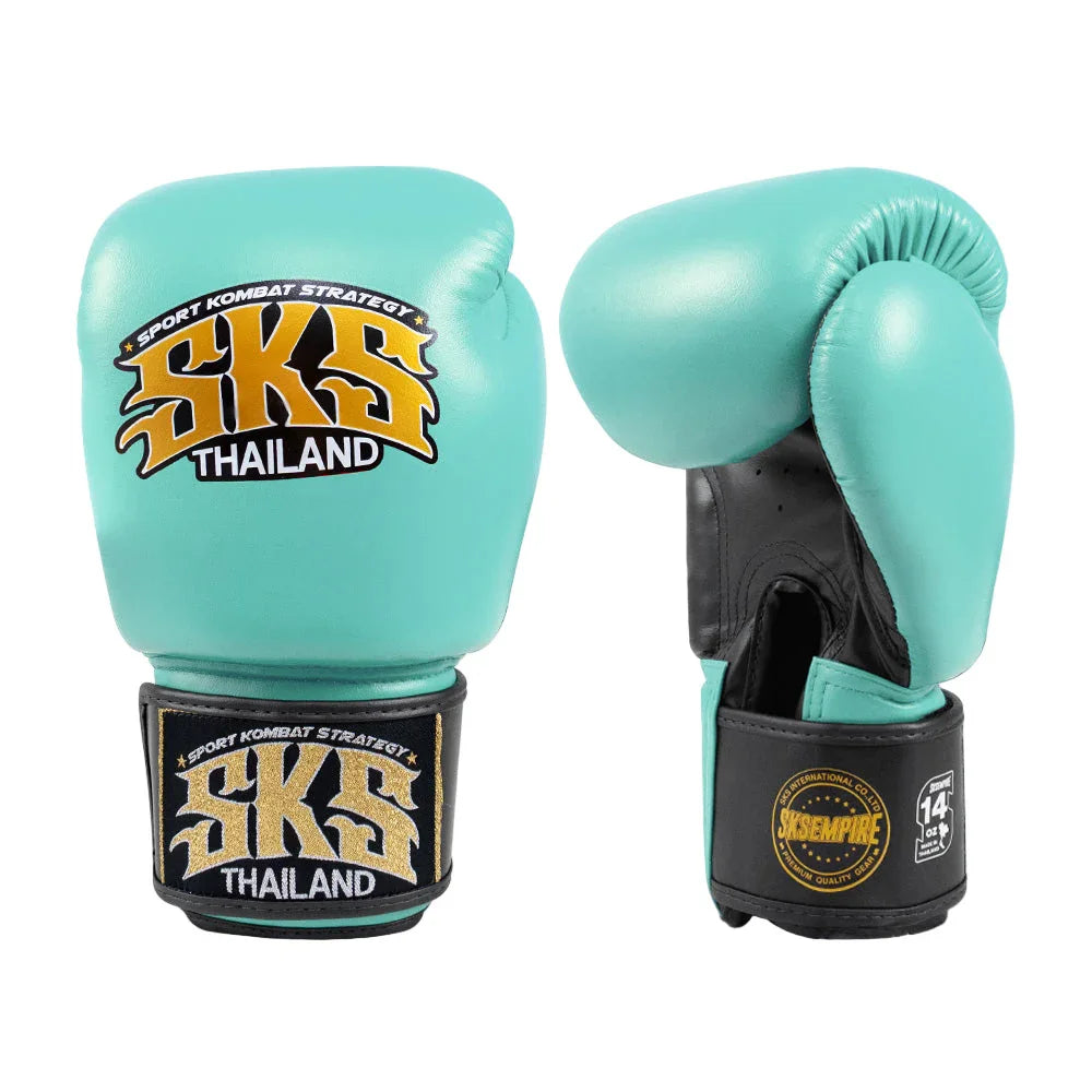 SKS Empire mint green Muay Thai boxing gloves with black and gold logos