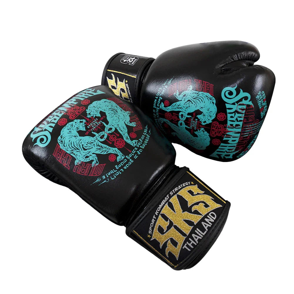 SKS Empire black Muay Thai gloves with turquoise tiger design and gold Thailand logo