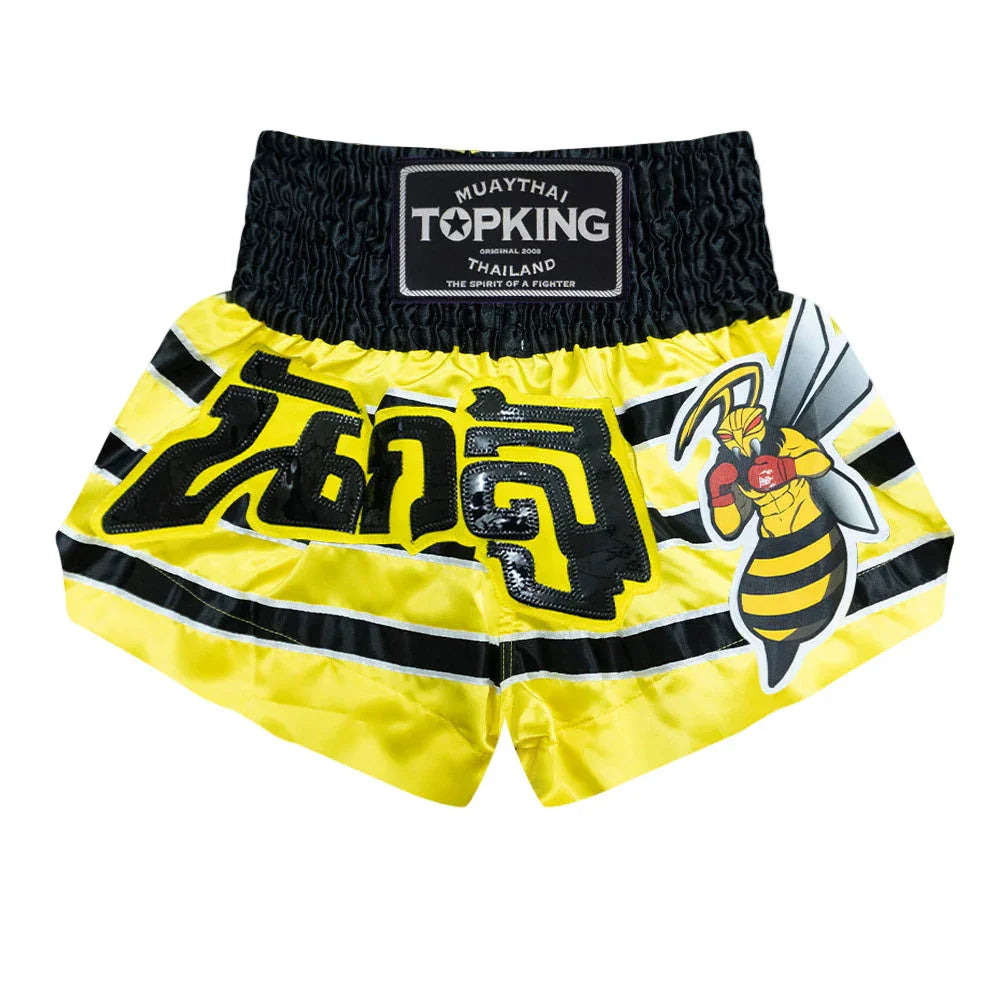 Top King Muay Thai shorts yellow black with killer bee boxer design and Thai lettering
