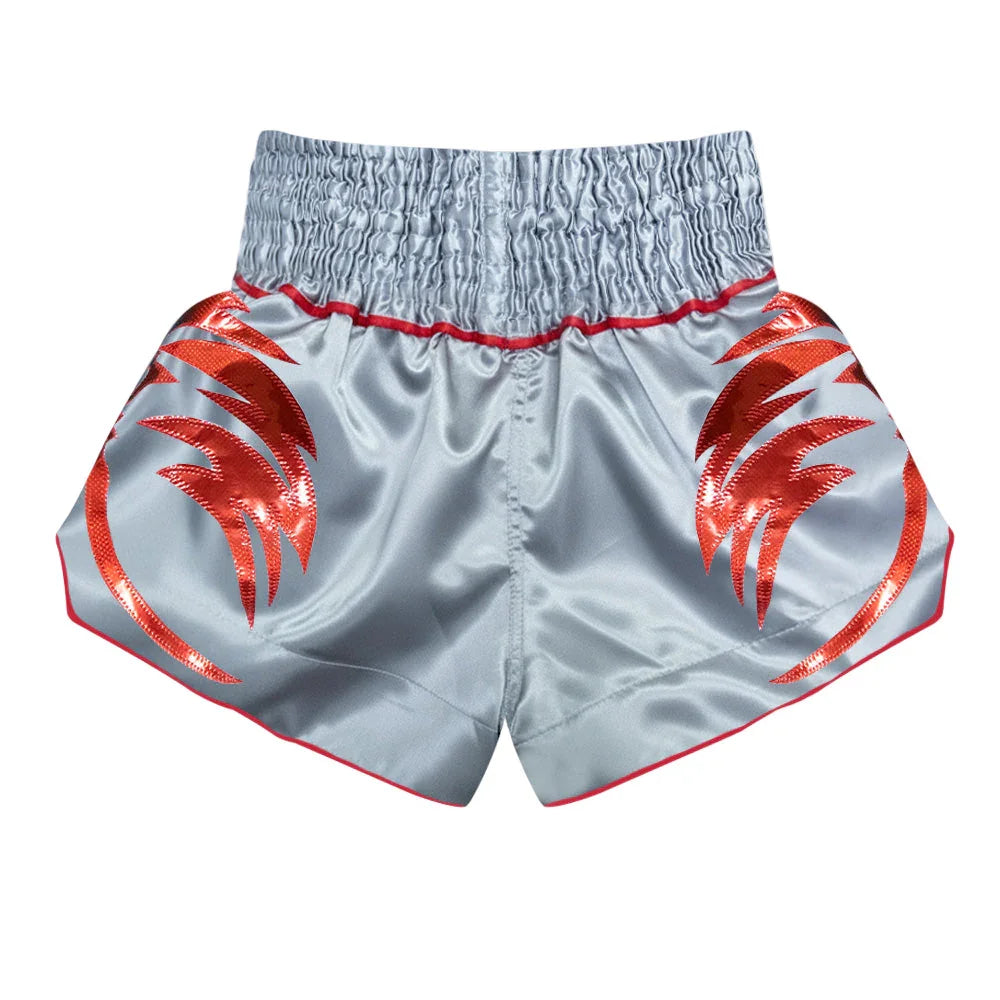 Top King Muay Thai shorts in silver with red eagle graphic and elastic waistband