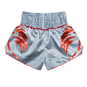 Top King Muay Thai shorts in silver with red eagle graphic and elastic waistband