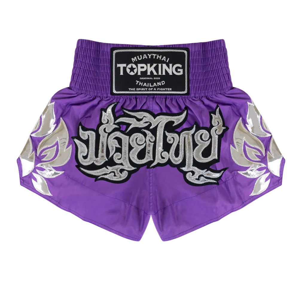 Top King Muay Thai shorts in purple and silver with Thai script, Muay Thailand gear