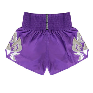 Purple Top King Muay Thai shorts with silver flame embroidery, performance fight gear