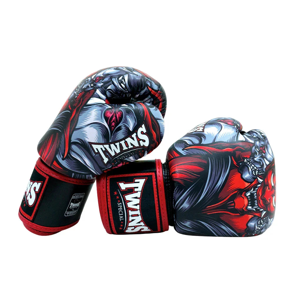 Twins Special Muay Thai boxing gloves with red, black, and gray kabuki artwork