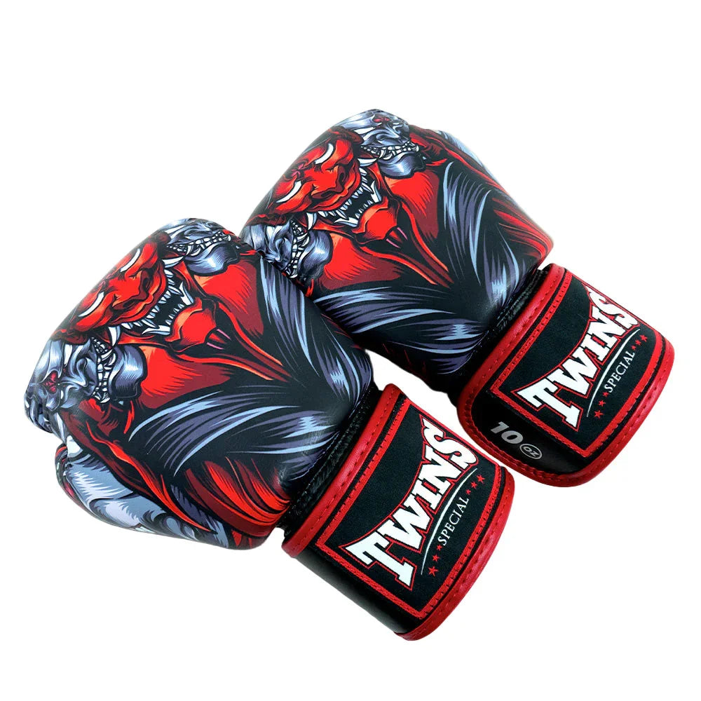 Twins Special Muay Thai gloves with red and black kabuki mask graphic design