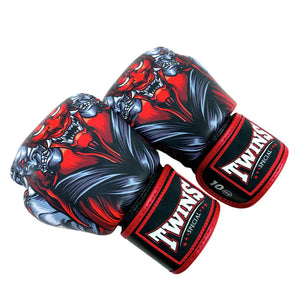 Twins Special Muay Thai gloves with red and black kabuki mask graphic design