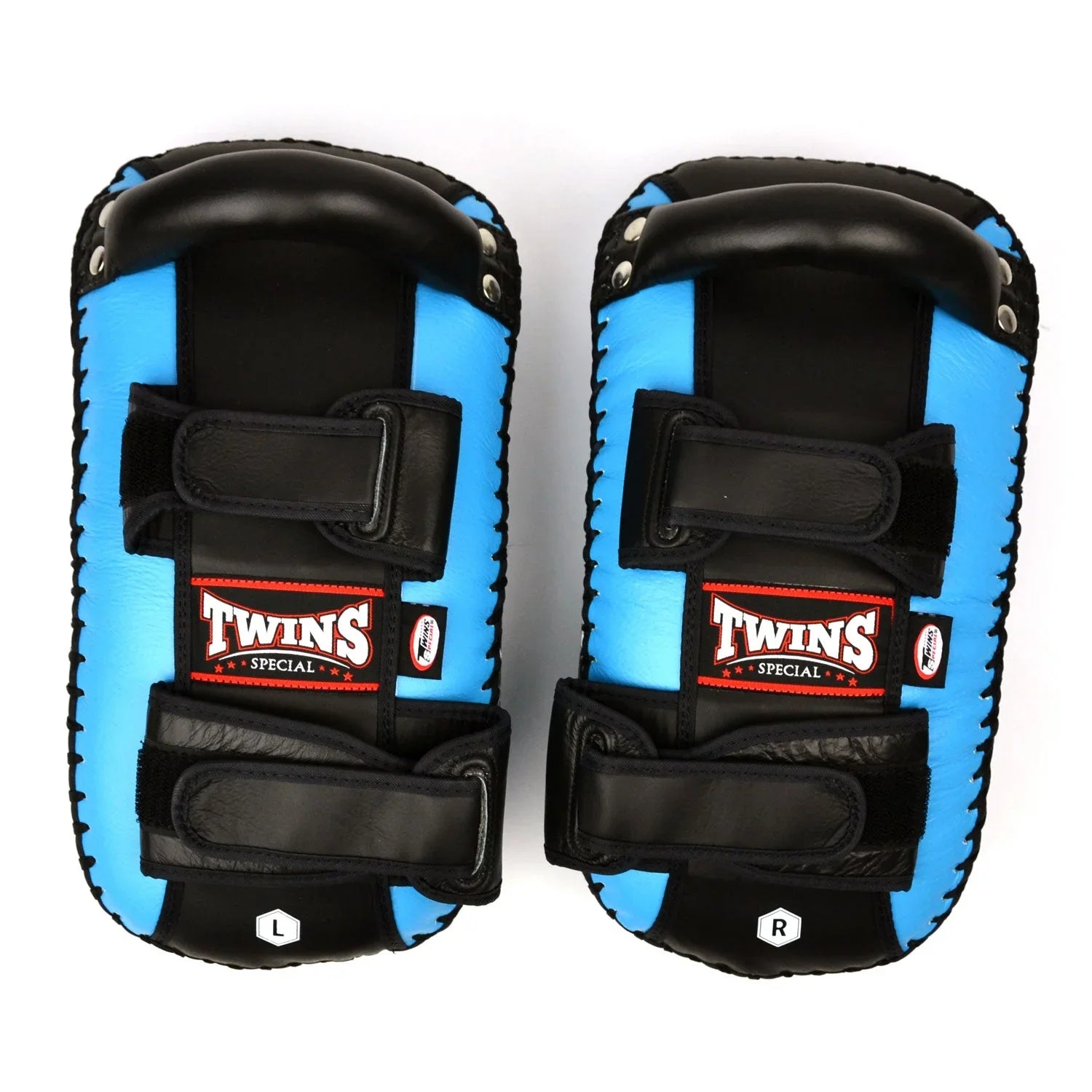 Twins Special Curved Leather Thai Kick Pads - Light Blue & Black (KPL10) - Muay Thailand