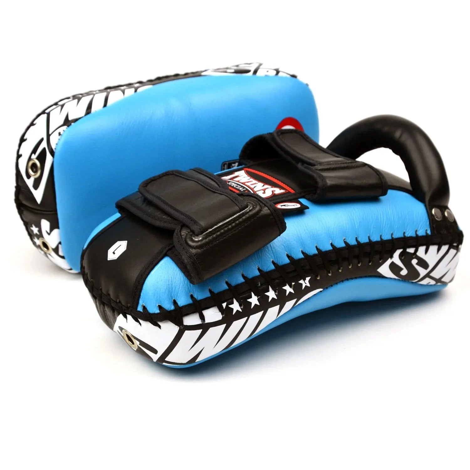 Twins Special Curved Leather Thai Kick Pads - Light Blue & Black (KPL10) - Muay Thailand