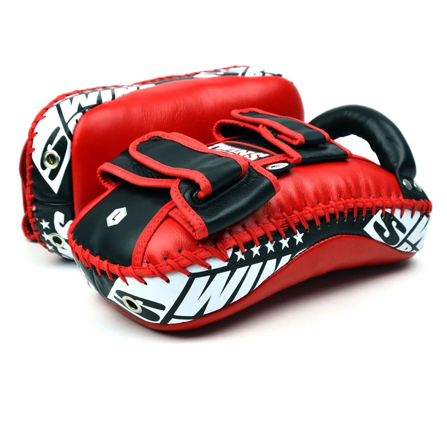 Twins Special Curved Leather Thai Kick Pads - Red & Black (KPL10) - Muay Thailand