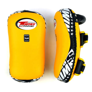 Twins Special Curved Leather Thai Kick Pads - Yellow & Black (KPL10) - Muay Thailand