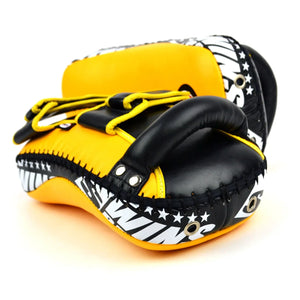 Twins Special Curved Leather Thai Kick Pads - Yellow & Black (KPL10) - Muay Thailand