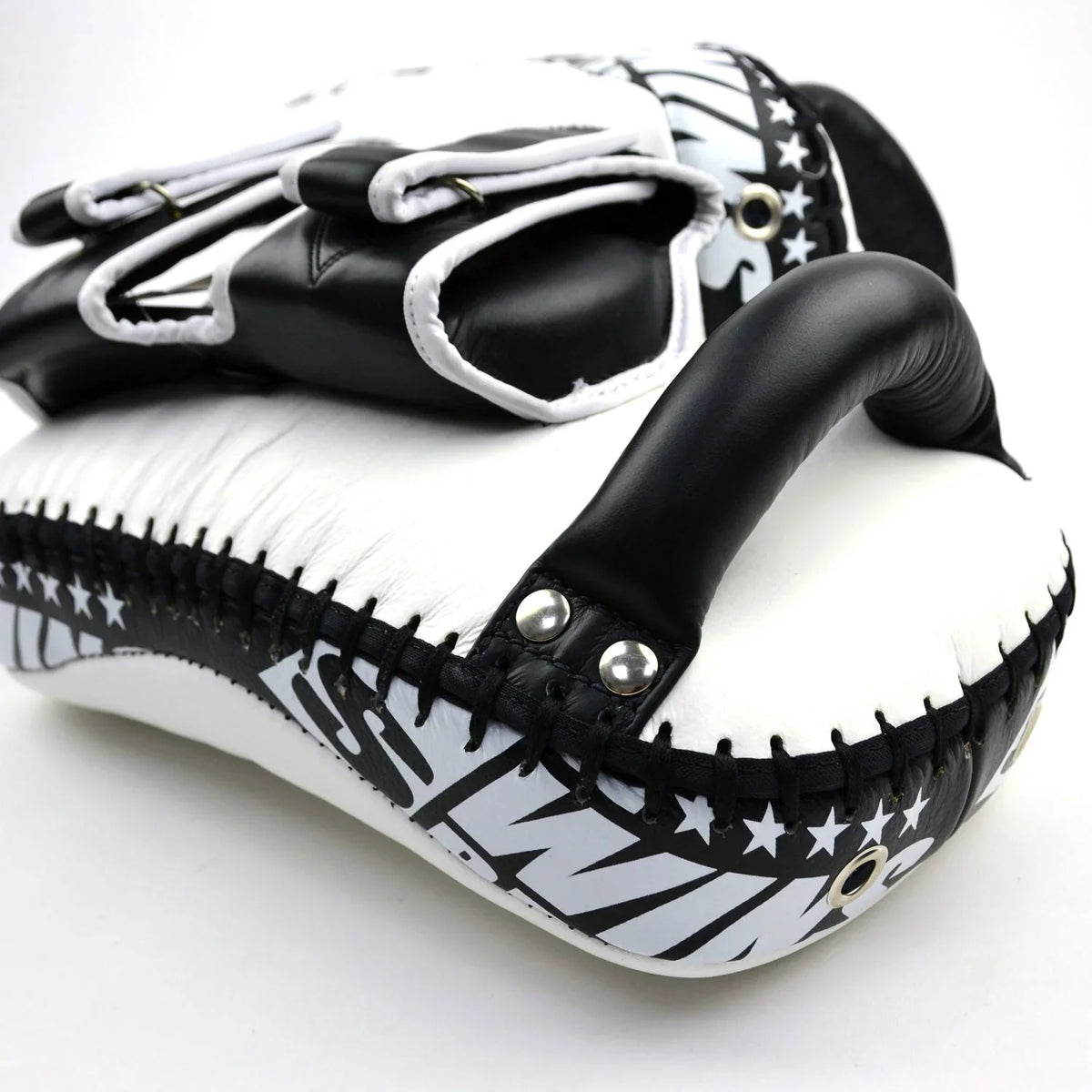Twins Special Deluxe Curved Leather Kick Pads - White & Black (KPL12) - Muay Thailand