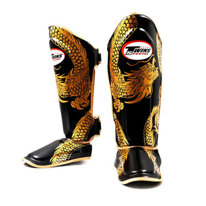 Twins Special Leather Shin Pads - Dragon Black & Gold (FSGL10-49) - Muay Thailand
