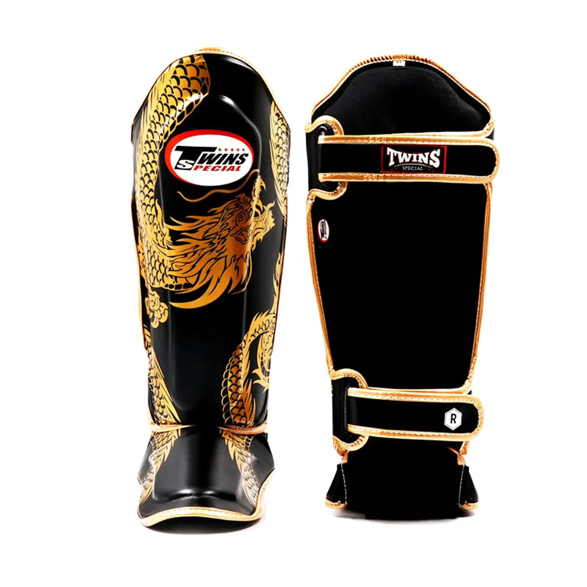 Twins Special Leather Shin Pads - Dragon Black & Gold (FSGL10-49) - Muay Thailand