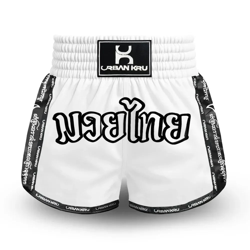 White Muay Thai shorts with black trim and Thai script, Urban Kru logo on waistband