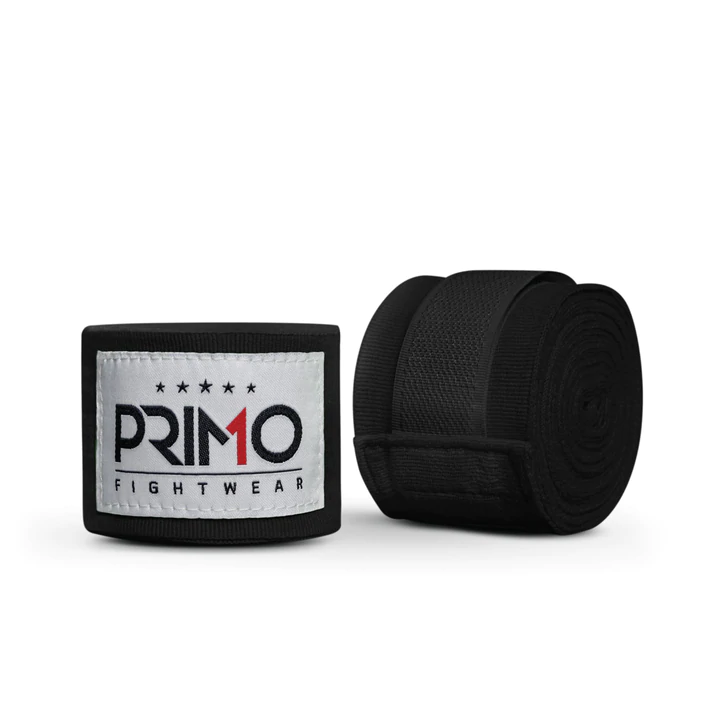 A pair of Primo Hand Wraps 4m in Charcoal Black showing the patch logo and enclosure